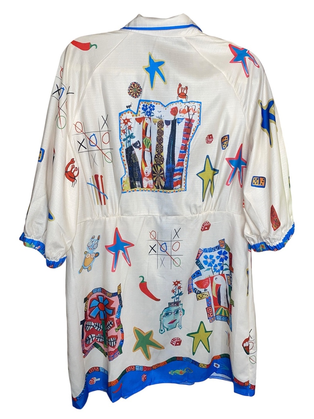 White/Blue Pop Art Knee Length Shirt Dress, Size Large - Picture 2 of 8